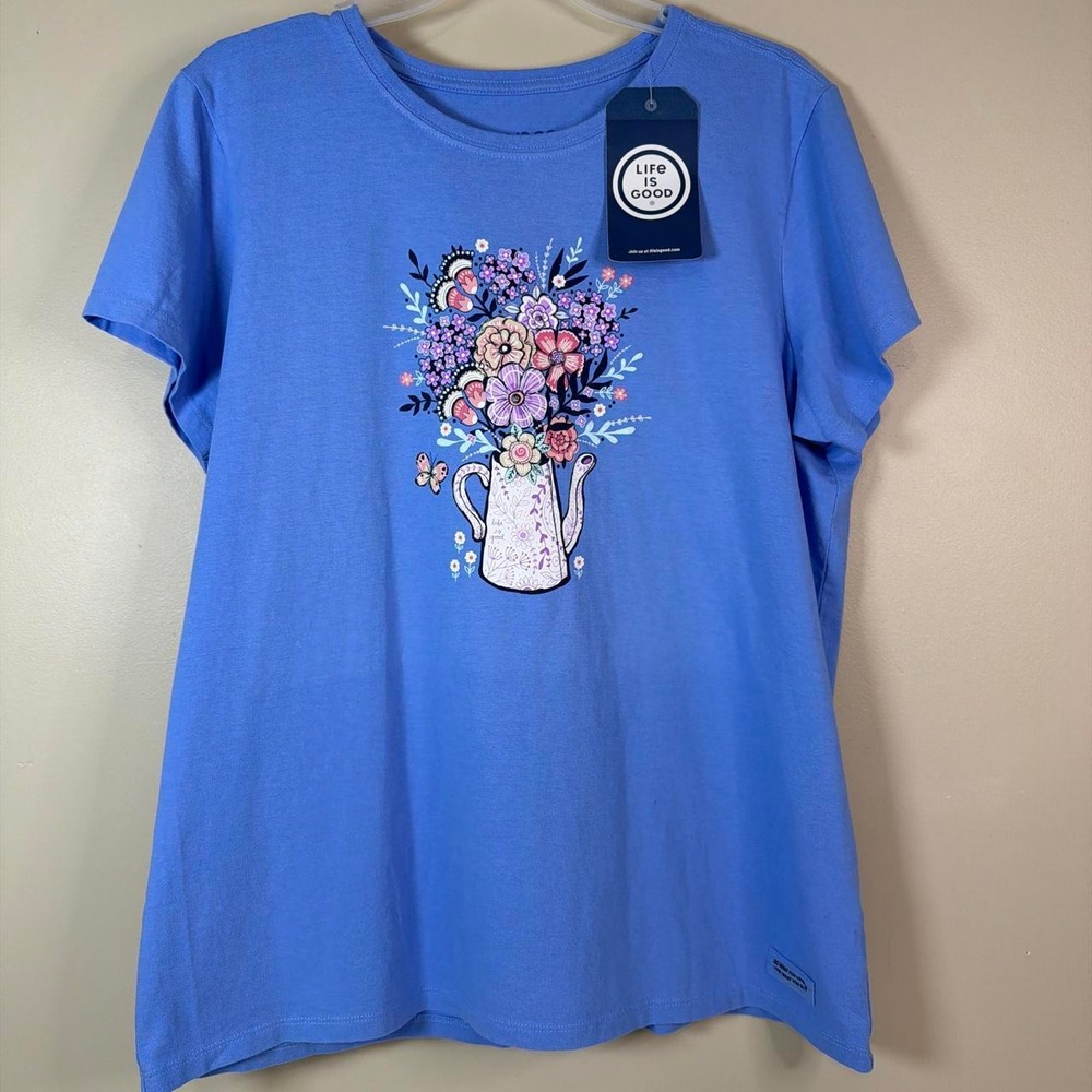 Life is Good Crusher Tee Womens Size L Cottagecore Summer Floral Teapot Graphic